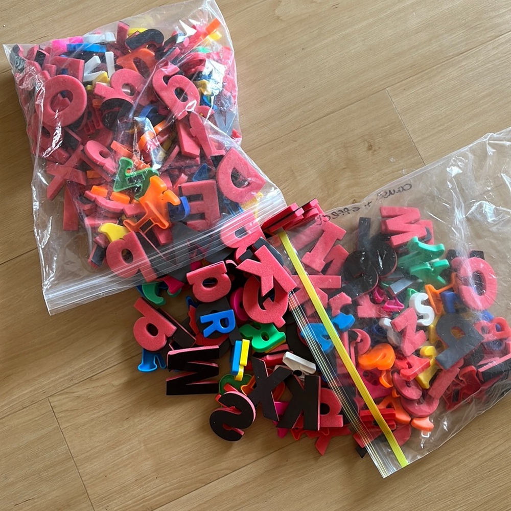 TWO ZIPLOC BAGS OF PLASTIC FOAM MAGNETIC LETTERS/ SUITABLE FOR CHILDREN’S HANDS